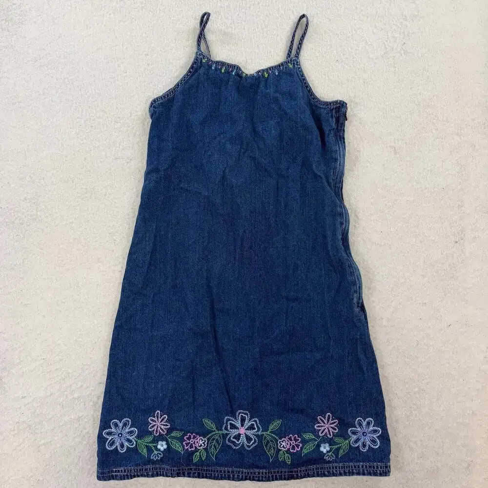 Y2K 2000s GAP Denim Beaded Floral Embroidered Dress Size XL 12